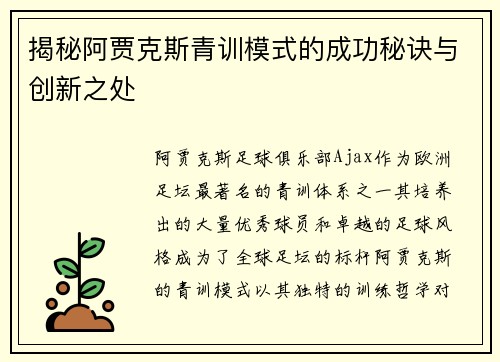 揭秘阿贾克斯青训模式的成功秘诀与创新之处 揭秘阿贾克斯青训模式的成功秘诀与创新之处