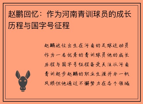 赵鹏回忆：作为河南青训球员的成长历程与国字号征程